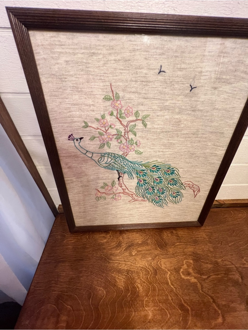 Vintage Hand Stitched Embroidered Stunning Colors PEACOCKS Lg Framed & Finished